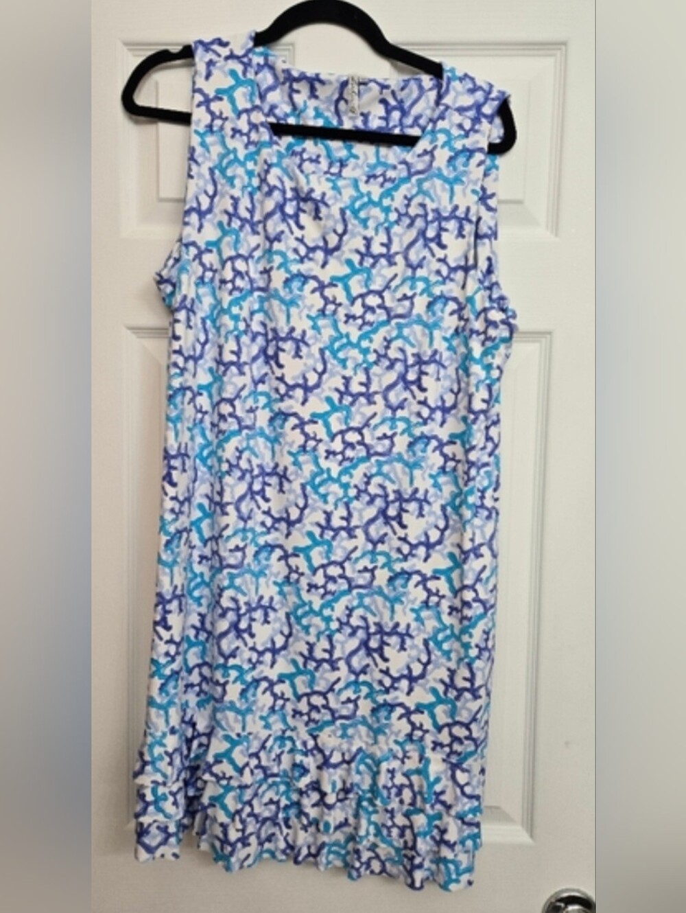 Lulu-B Vibrant Blue Coral SleevelessDress with Ruffle Hem. UPF 50 Sun Protection